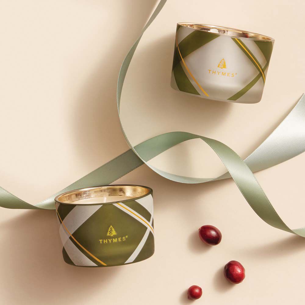 Thymes Frasier Fir Frosted Plaid Candle Set flatlay of candles with ribbon image number 2